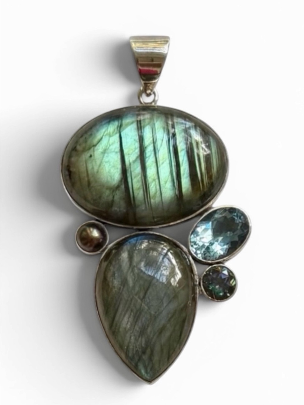.925 Sterling Silver Labradorite and Blue Topaz Large Pendant Enhancer